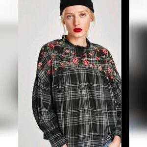 Zara Basic  Denim Embroidered Floral Checked Shirt Top Size Small Women